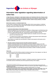 Information letter legislation regarding determination of tuition fees
