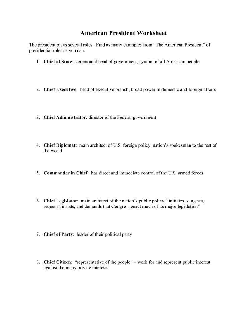 Roles Of The President Worksheet