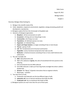 Delia Cossia August 29, 2012 Biology Outline Chapter 1 Overview