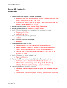 Chapter 12 – Leadership Study Guide