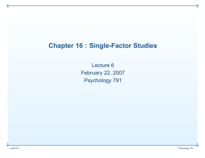 Chapter 16 : Single-Factor Studies Lecture 6 February 22, 2007 Psychology 791