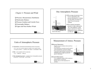One Atmospheric Pressure Chapter 4:  Pressure, Measurement, Distribution  Hydrostatic Balance