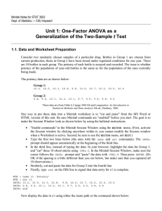Unit 1: One-Factor ANOVA as a t 1.1. Data and Worksheet Preparation