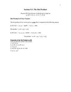 Section 9.3: The Dot Product  Dot Product of Two Vectors