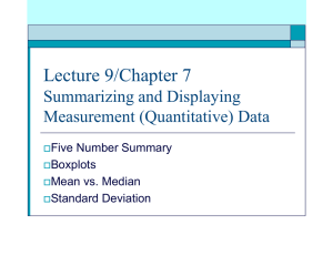 Lecture 9/Chapter 7 Summarizing and Displaying Measurement (Quantitative) Data Five Number Summary