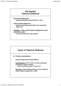 FIN 423/523 Takeover Defenses Successful takeovers: Unsuccessful takeovers: