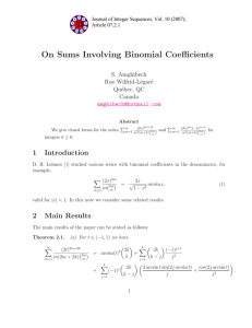On Sums Involving Binomial Coefficients 1 Introduction S. Amghibech