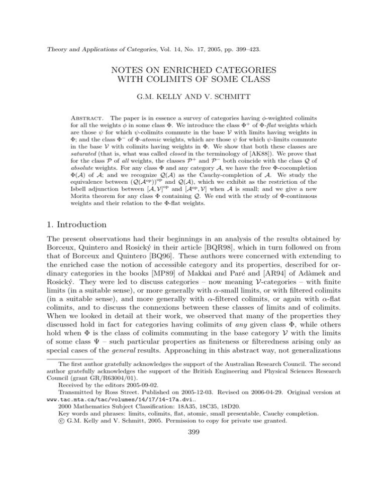 NOTES ON ENRICHED CATEGORIES WITH COLIMITS OF SOME CLASS