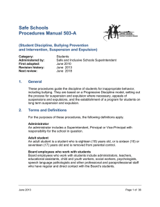 Safe Schools Procedures Manual 503-A (Student Discipline, Bullying Prevention