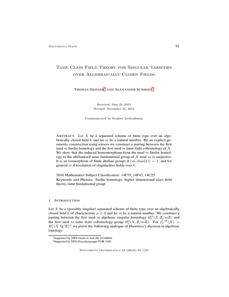 Tame Class Field Theory for Singular Varieties over Algebraically Closed Fields 91 T