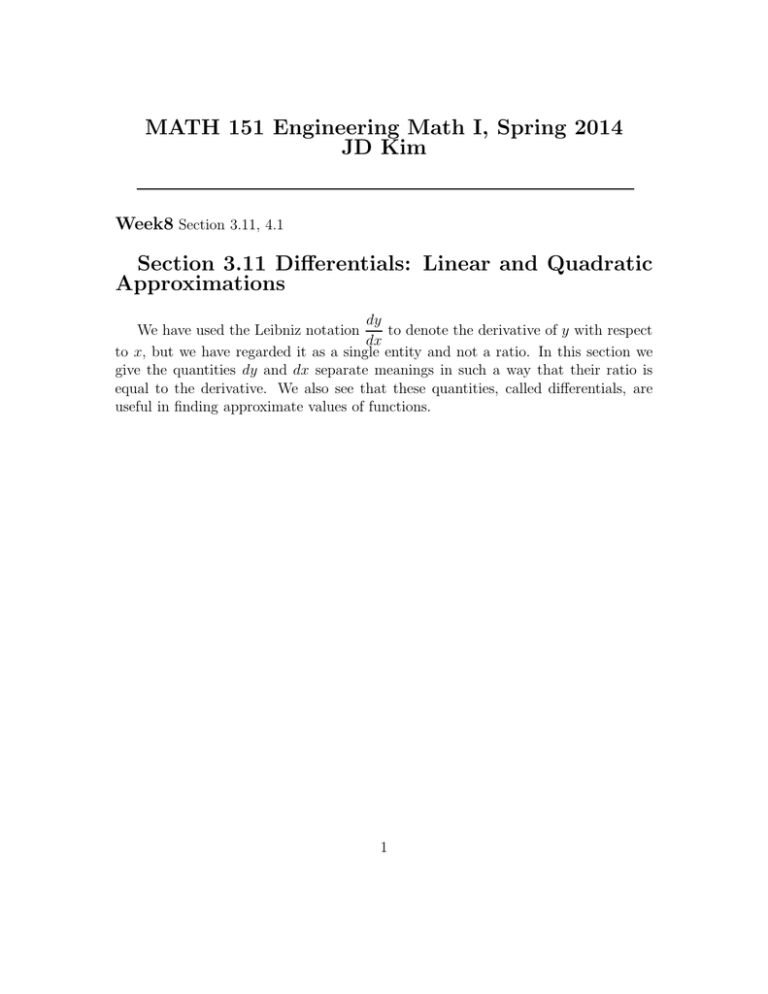 MATH 151 Engineering Math I, Spring 2014 JD Kim Approximations