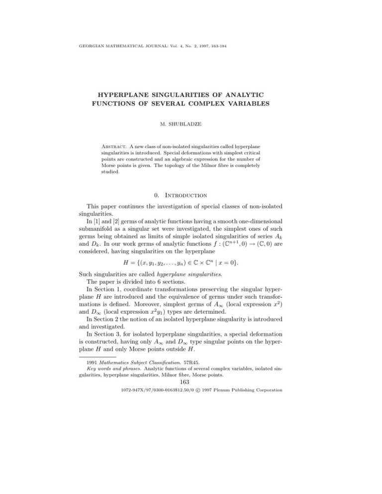 HYPERPLANE SINGULARITIES OF ANALYTIC FUNCTIONS OF SEVERAL COMPLEX VARIABLES