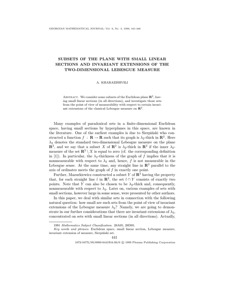 SUBSETS OF THE PLANE WITH SMALL LINEAR TWO-DIMENSIONAL LEBESGUE MEASURE