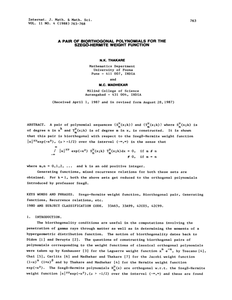 SZEGO-HERMITE PAIR BIORTHOGONAL THE