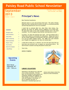 Paisley Road Public School Newsletter September 2013 Principal’s News