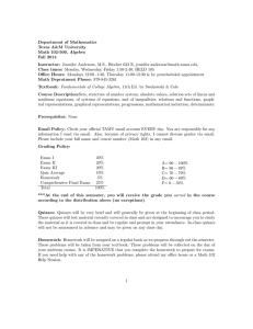 Department of Mathematics Texas A&amp;M University Math 102-500, Algebra Fall 2014