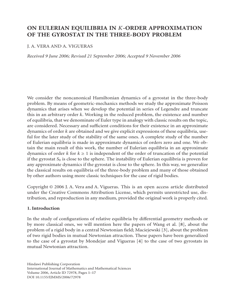 ON EULERIAN EQUILIBRIA IN OF THE GYROSTAT IN THE THREE-BODY PROBLEM K