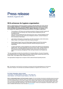 Press release SCA enhances its hygiene organization Stockholm, August 28, 2015
