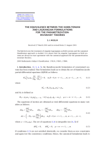 THE EQUIVALENCE BETWEEN THE HAMILTONIAN AND LAGRANGIAN FORMULATIONS FOR THE PARAMETRIZATION- INVARIANT THEORIES