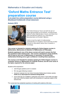‘Oxford Maths Entrance Test’ preparation course Mathematics in Education and Industry A