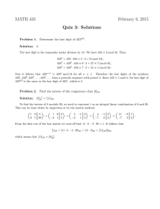 MATH 433 February 6, 2015 Quiz 3: Solutions