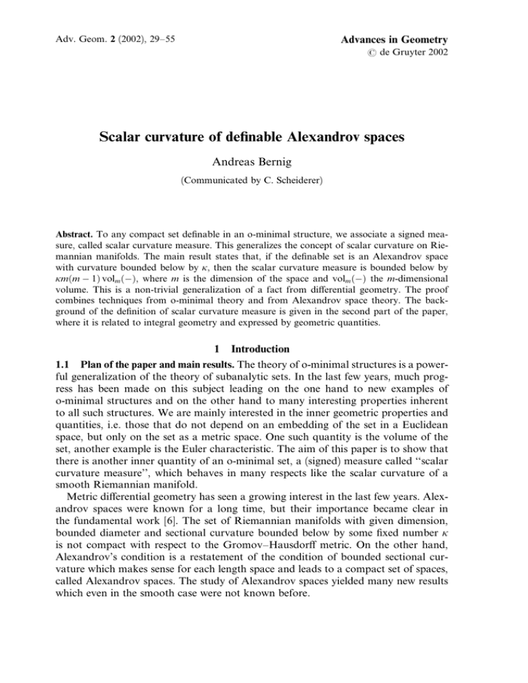 Scalar curvature of definable Alexandrov spaces Andreas Bernig Advances in Geometry