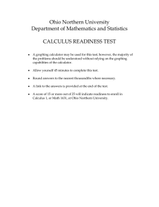 Ohio Northern University Department of Mathematics and Statistics  CALCULUS READINESS TEST