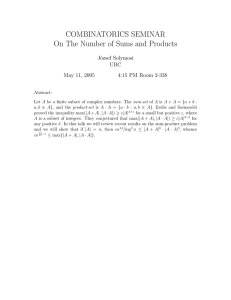 COMBINATORICS SEMINAR On The Number of Sums and Products J´ozsef Solymosi UBC