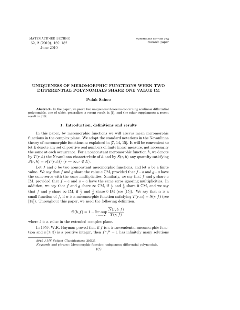 62, 2 (2010), 169–182 June 2010 UNIQUENESS OF MEROMORPHIC FUNCTIONS WHEN TWO