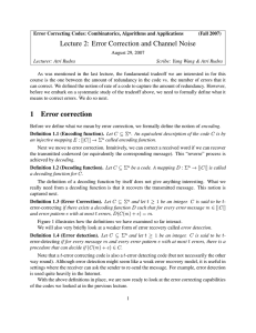 Lecture 2: Error Correction and Channel Noise