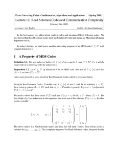 Lecture 12: Reed Solomon Codes and Communication Complexity