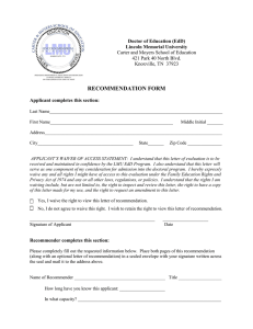 RECOMMENDATION FORM Doctor of Education (EdD) Lincoln Memorial University