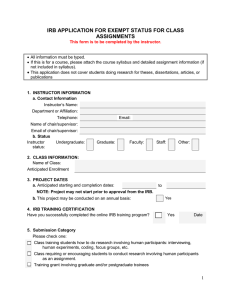 IRB APPLICATION FOR EXEMPT STATUS FOR CLASS ASSIGNMENTS