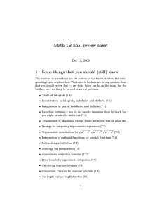 Math 1B nal review sheet 1 Dec 13, 2009