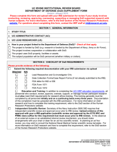 UC IRVINE INSTITUTIONAL REVIEW BOARD DEPARTMENT OF DEFENSE (DoD) SUPPLEMENT FORM