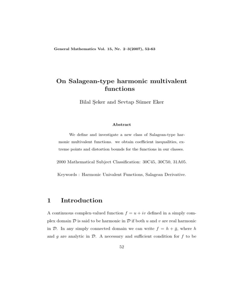 On Salagean-type harmonic multivalent functions Bilal S ¸eker and Sevtap S¨