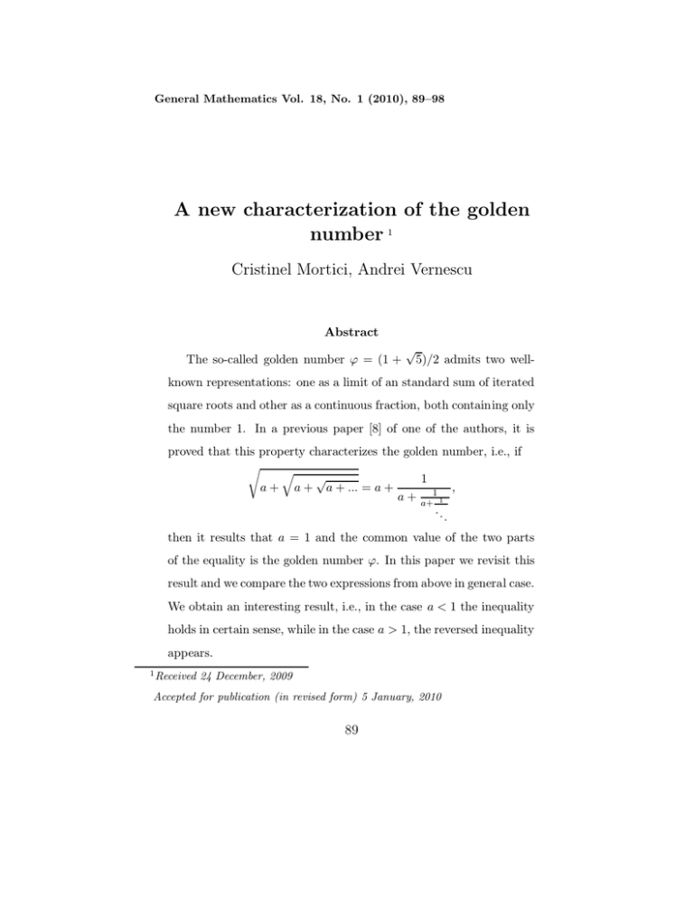 A new characterization of the golden number Cristinel Mortici, Andrei Vernescu