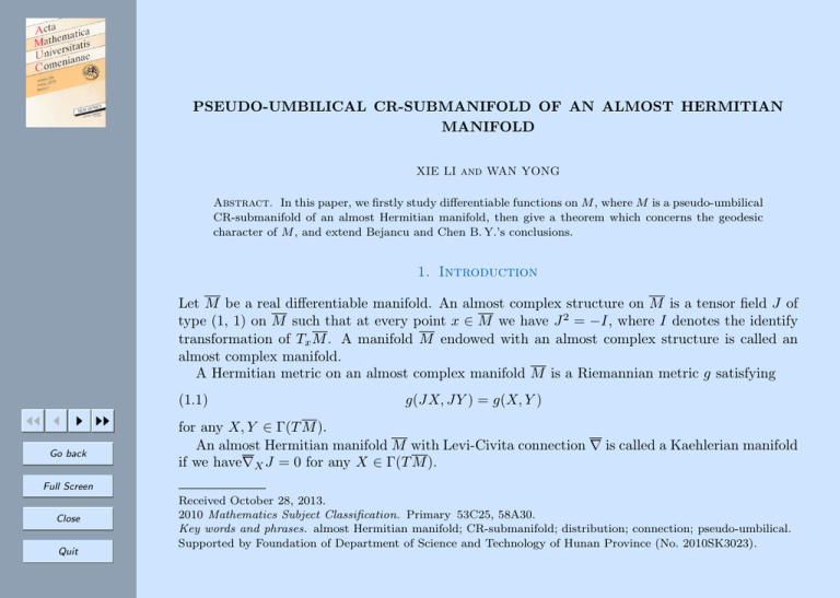PSEUDO-UMBILICAL CR-SUBMANIFOLD OF AN ALMOST HERMITIAN MANIFOLD