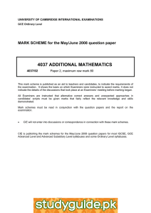 4037 ADDITIONAL MATHEMATICS  MARK SCHEME for the May/June 2008 question paper