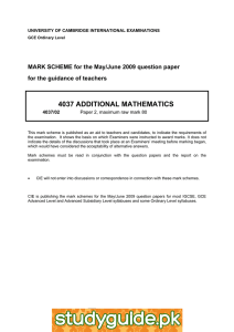4037 ADDITIONAL MATHEMATICS  MARK SCHEME for the May/June 2009 question paper