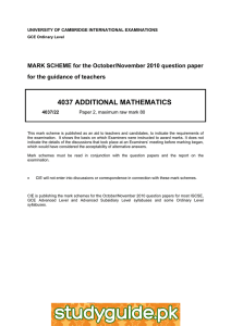 4037 ADDITIONAL MATHEMATICS  MARK SCHEME for the October/November 2010 question paper