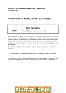 5054 PHYSICS  MARK SCHEME for the May/June 2007 question paper