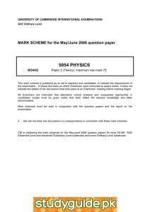 5054 PHYSICS  MARK SCHEME for the May/June 2008 question paper
