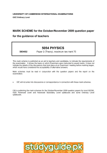 5054 PHYSICS  MARK SCHEME for the October/November 2009 question paper