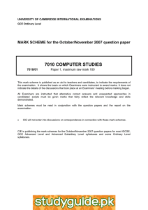 7010 COMPUTER STUDIES  MARK SCHEME for the October/November 2007 question paper