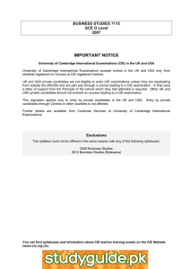 IMPORTANT NOTICE BUSINESS STUDIES 7115 GCE O Level 2007