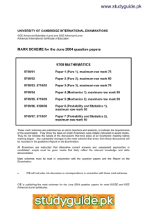 www.studyguide.pk  MARK SCHEME for the June 2004 question papers 9709 MATHEMATICS