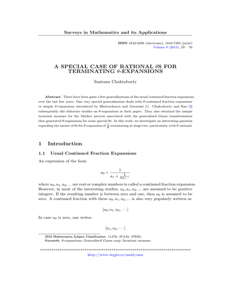 A SPECIAL CASE OF RATIONAL θS FOR TERMINATING θ-EXPANSIONS Santanu Chaktaborty