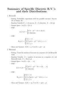 Summary of Specific Discrete R.V.’s and their Distributions 1. Bernoulli