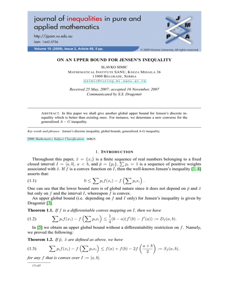 ON AN UPPER BOUND FOR JENSEN’S INEQUALITY Communicated by S.S. Dragomir